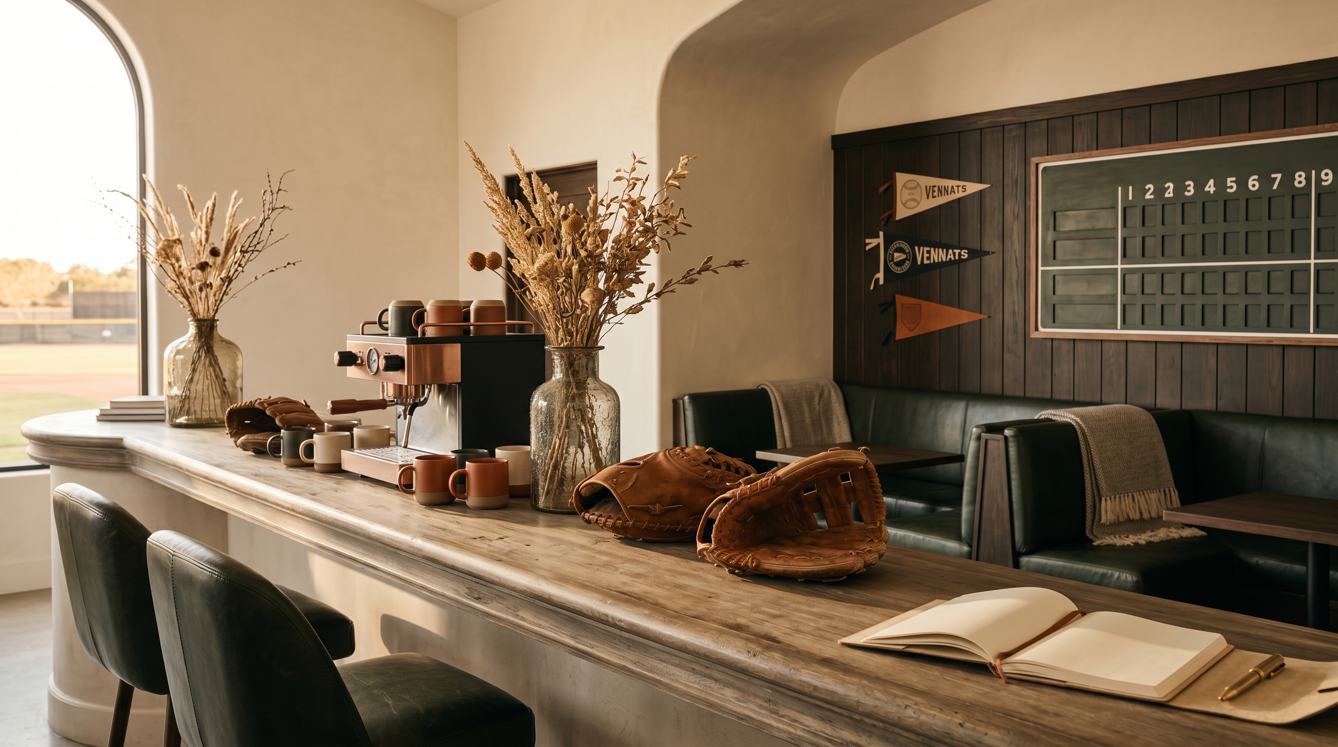 Editorial wide-angle scene of a ballfield concession and sampling environment with neutral props, warm directional light, and a restrained cream, deep-green, and burnt-orange palette.